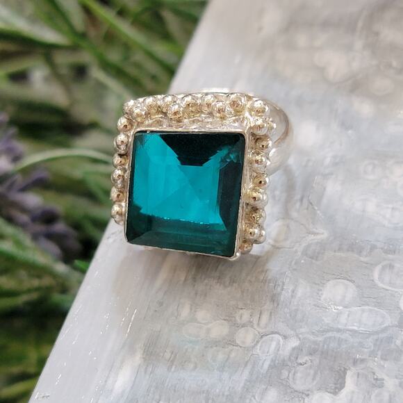 Teal Stone Statement rings, Sterling Silver Ring 0.72 Inch Stone, Size 8.75 - Picture 8 of 10